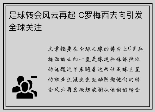 足球转会风云再起 C罗梅西去向引发全球关注 足球转会风云再起 C罗梅西去向引发全球关注